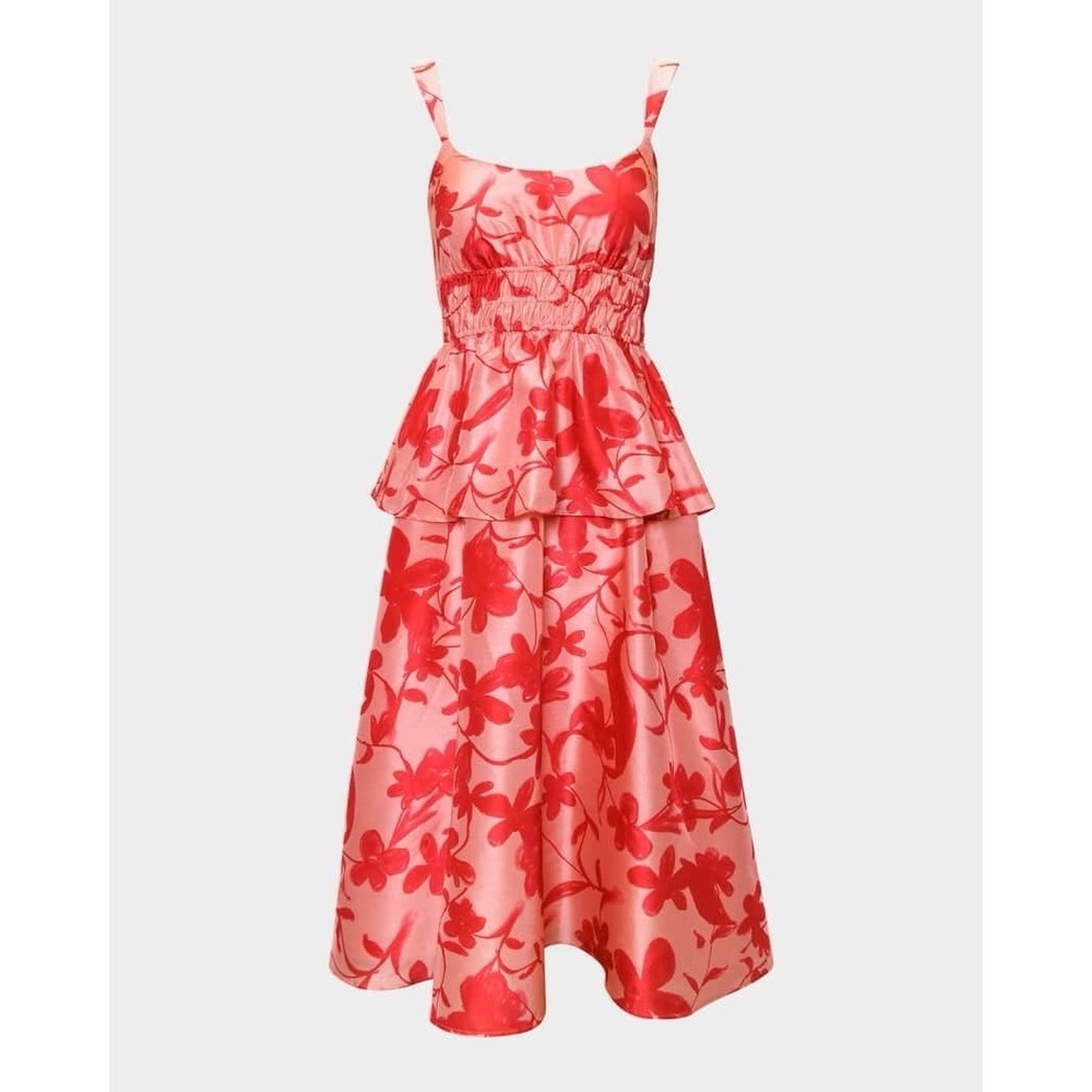 Hutch Desirae Floral Peplum Midi Dress Red Pink Size S Smocked Event Guest